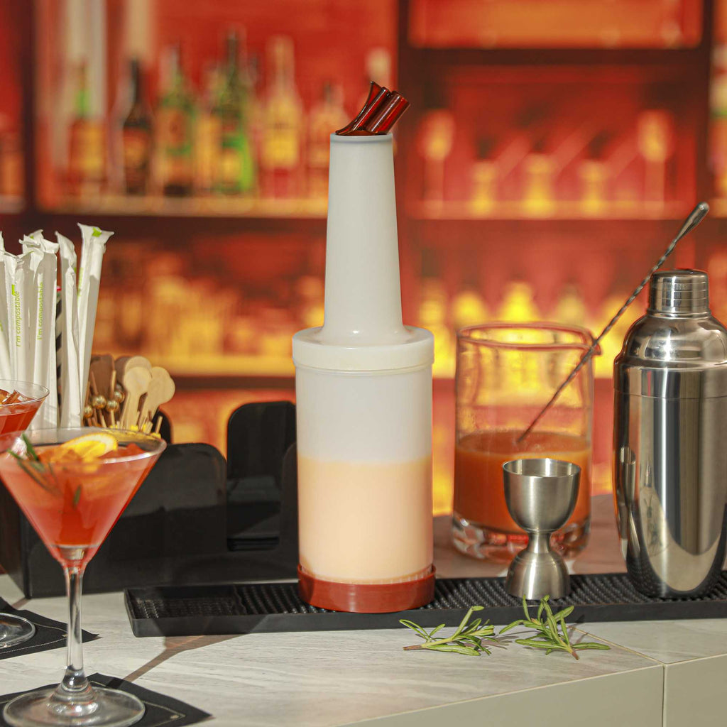 Bar Lux 1 qt Plastic Quick Pour Storage Container Bottle - with Brown Spout and Lid - 3 1/2" x 3 1/2" x 13" - 1 count box