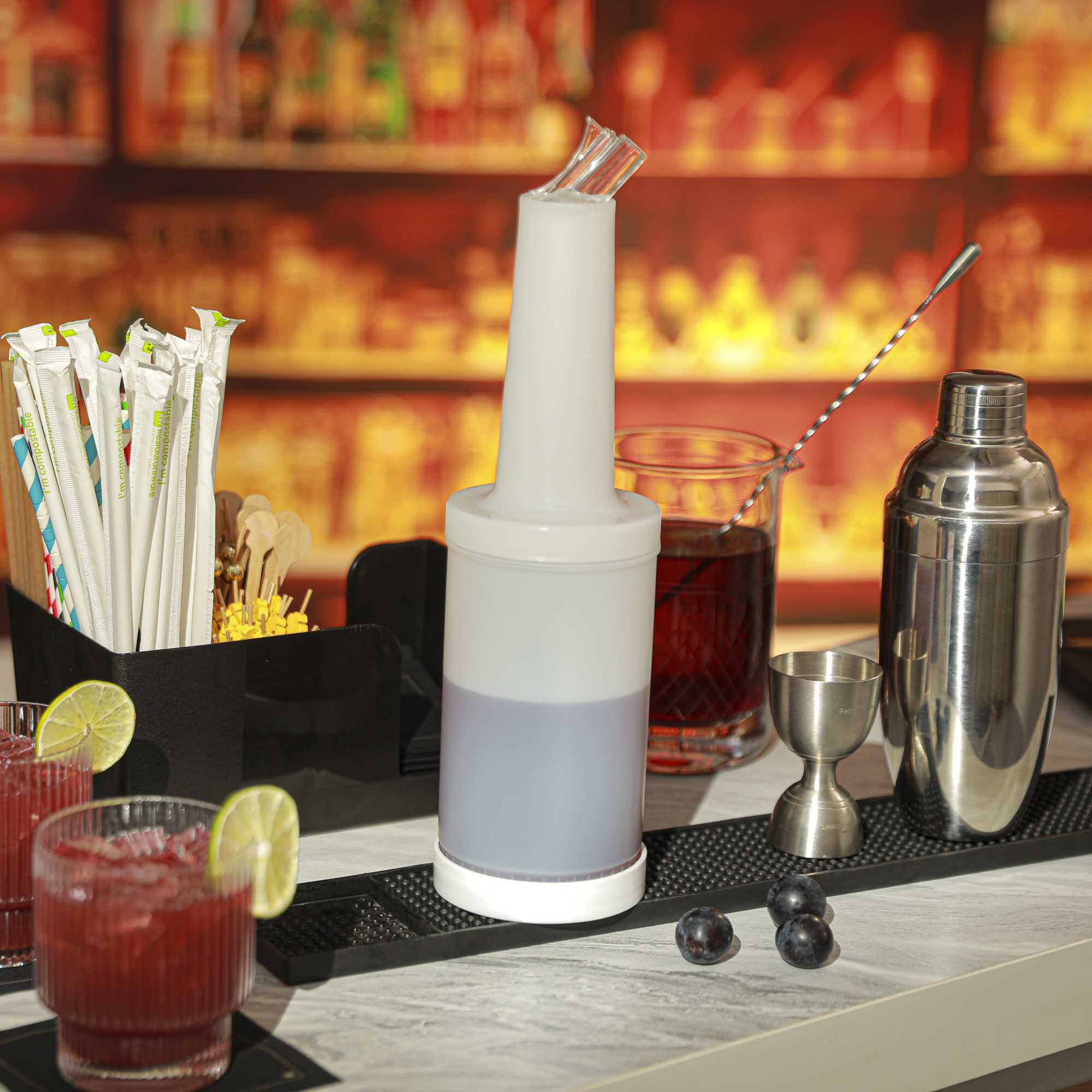 Bar Lux 1 qt Plastic Quick Pour Storage Container Bottle - with Clear Spout and Lid - 3 1/2" x 3 1/2" x 13" - 1 count box
