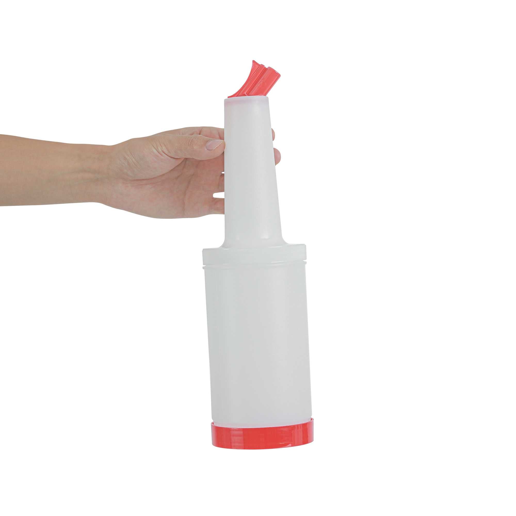 Bar Lux 1 qt Plastic Quick Pour Storage Container Bottle - with Red Spout and Lid - 3 1/2" x 3 1/2" x 13" - 1 count box
