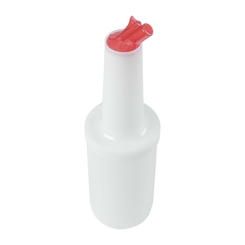 Bar Lux 1 qt Plastic Quick Pour Storage Container Bottle - with Red Spout and Lid - 3 1/2" x 3 1/2" x 13" - 1 count box
