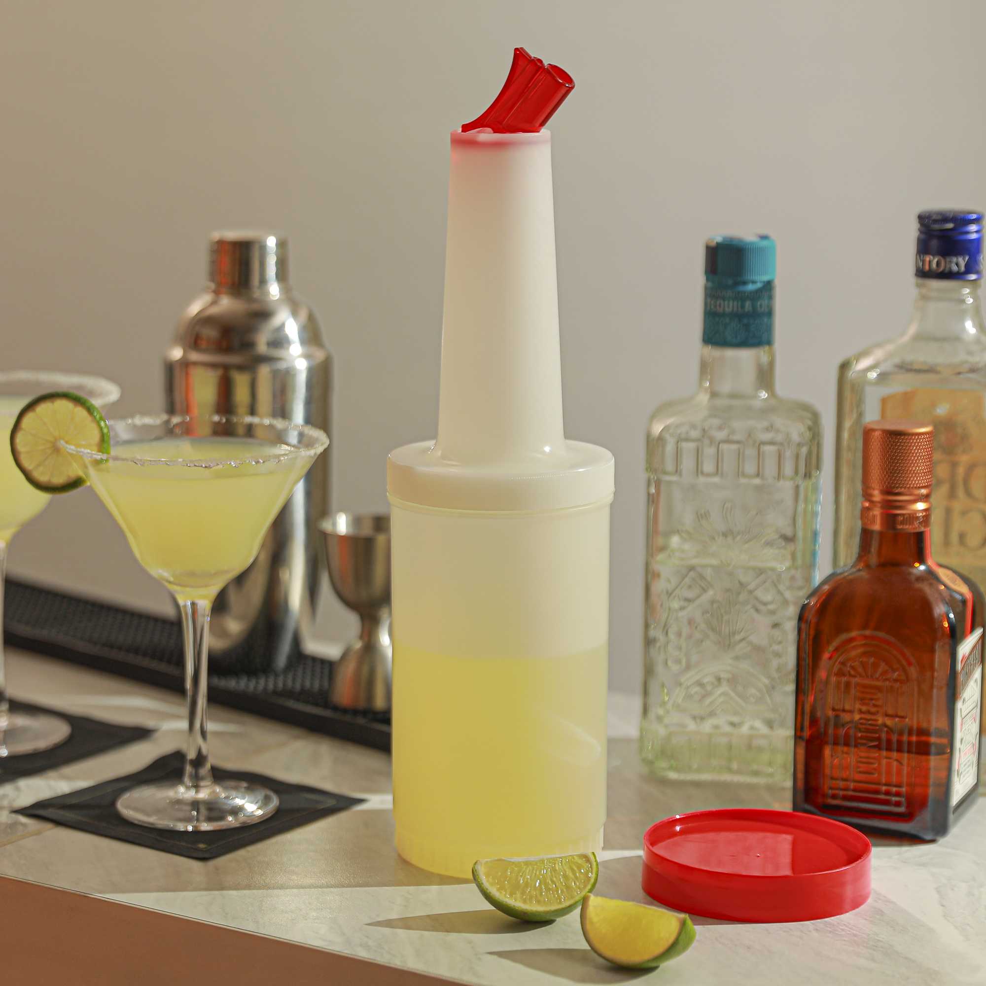 Bar Lux 1 qt Plastic Quick Pour Storage Container Bottle - with Red Spout and Lid - 3 1/2" x 3 1/2" x 13" - 1 count box