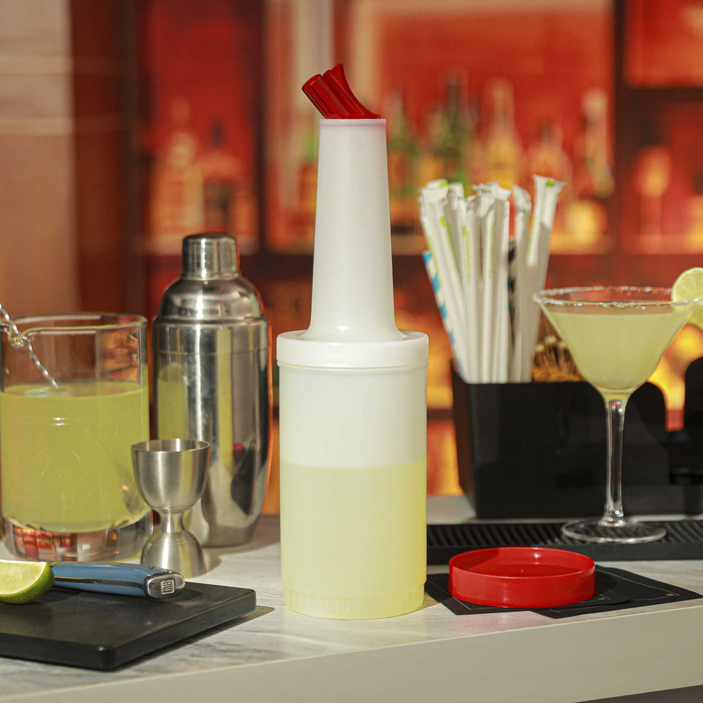 Bar Lux 1 qt Plastic Quick Pour Storage Container Bottle - with Red Spout and Lid - 3 1/2" x 3 1/2" x 13" - 1 count box