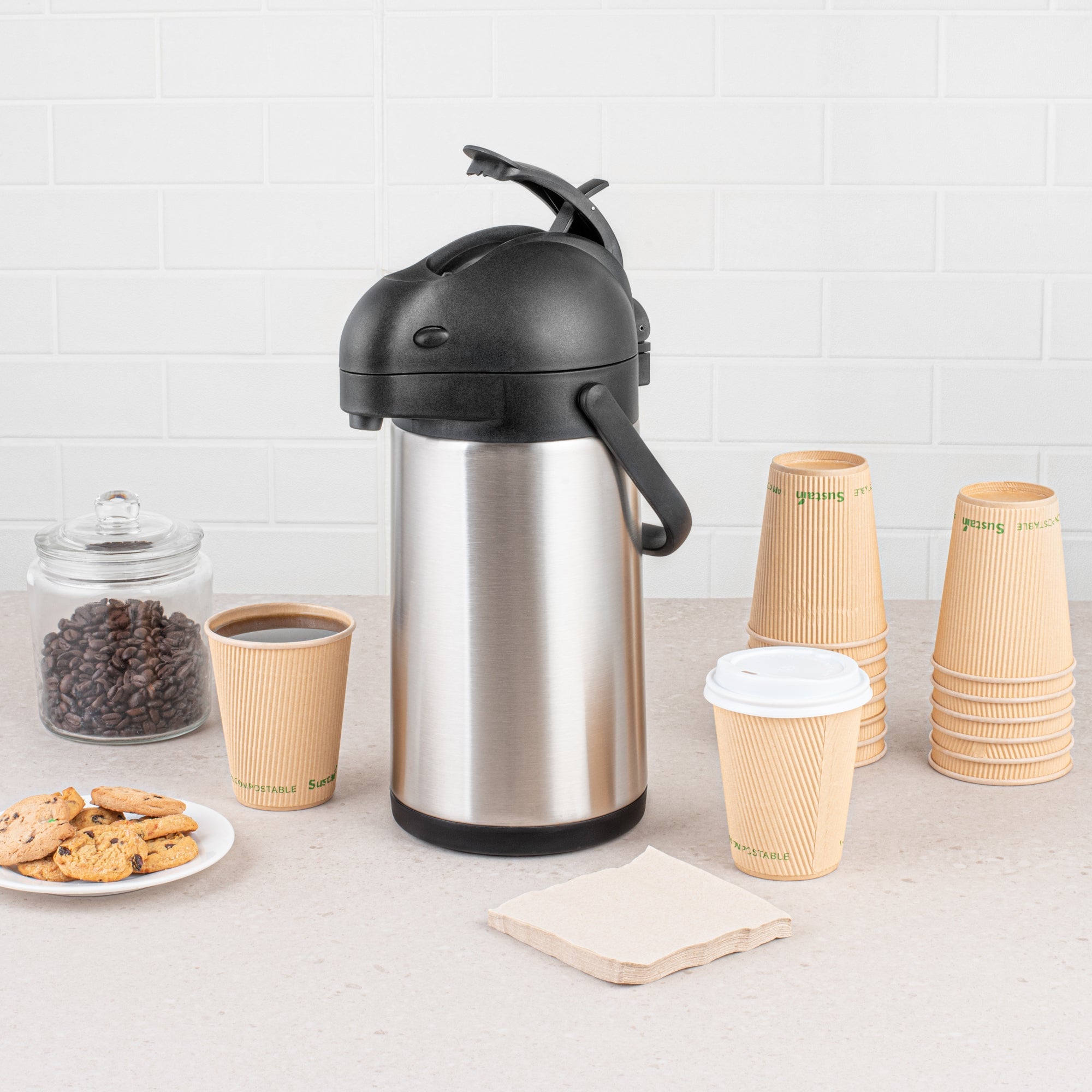 Met Lux 2.2L Silver Stainless Steel Airpot Coffee Dispenser - Pump Lever, 24 hr Heat Retention - 6" x 6" x 14" - 1 count box