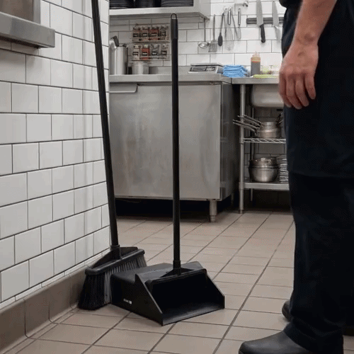 RW Clean Black Plastic Lobby Dustpan - with Handle, Broom Clip - 11 3/4" x 11" x 34" - 1 count box