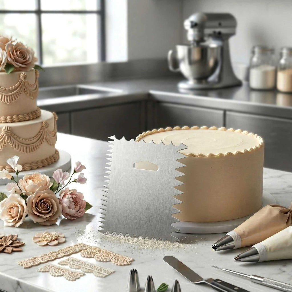 Pastry Tek 4-Pattern Metal Cake Scraper and Icing Comb with Wave and Wide Tooth Edge - 4.8" x 3.8" - 1 count box