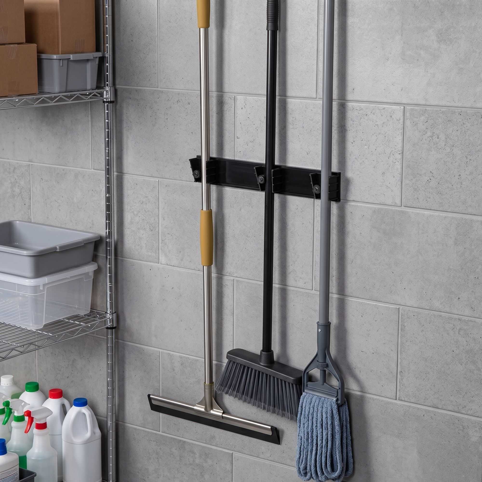 RW Clean Black Mop / Broom Holder - 3 Slots, Wall Mount - 17 3/4" - 1 count box