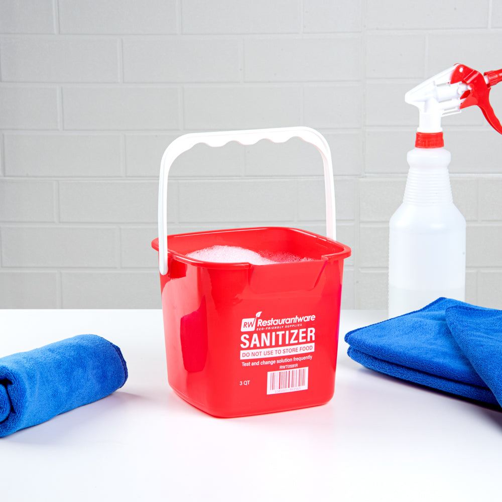 RW Clean 3 Qt Square Red Plastic Sanitizing Bucket - with Plastic Handle - 7" x 6 3/4" x 6" - 1 count box