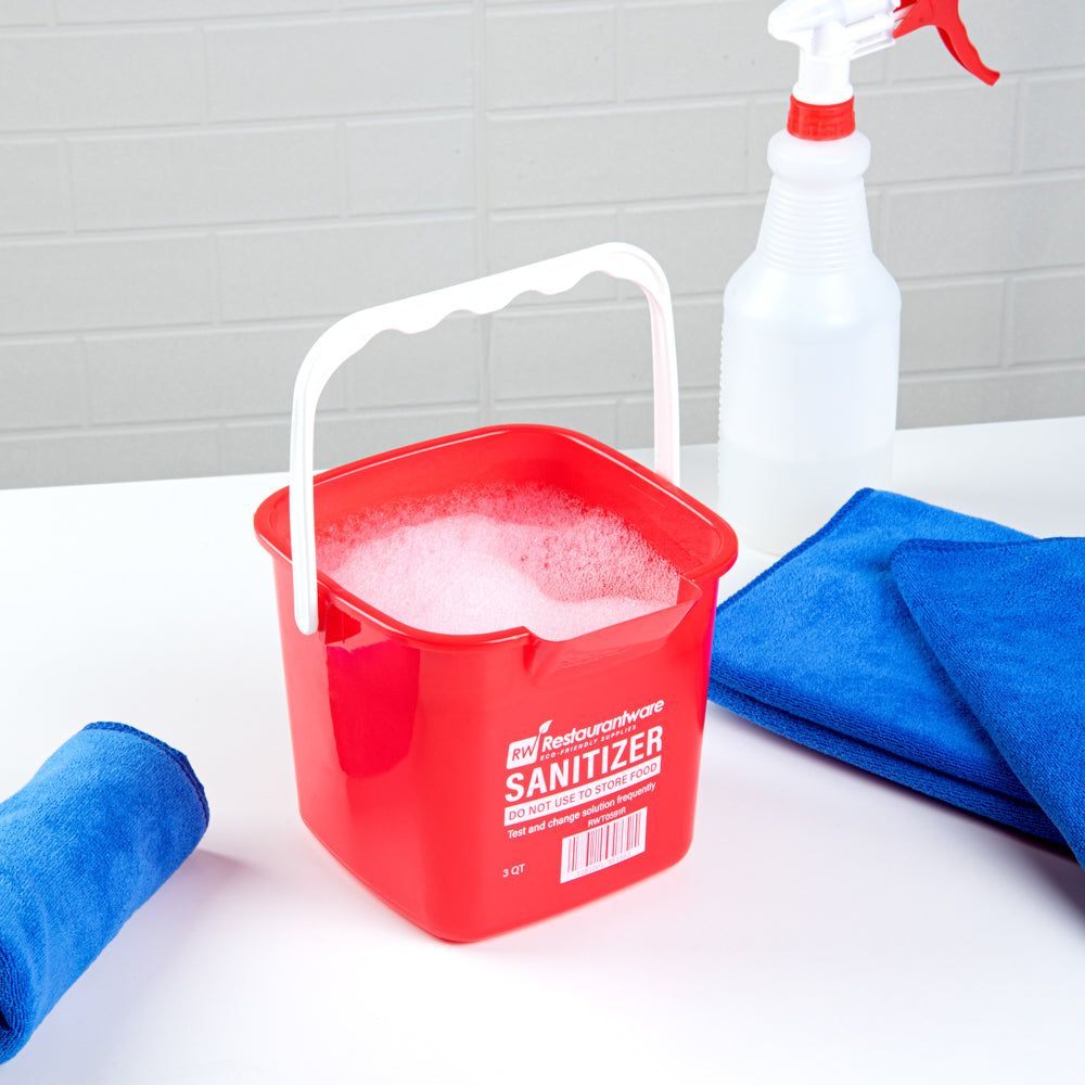 RW Clean 3 Qt Square Red Plastic Sanitizing Bucket - with Plastic Handle - 7" x 6 3/4" x 6" - 1 count box