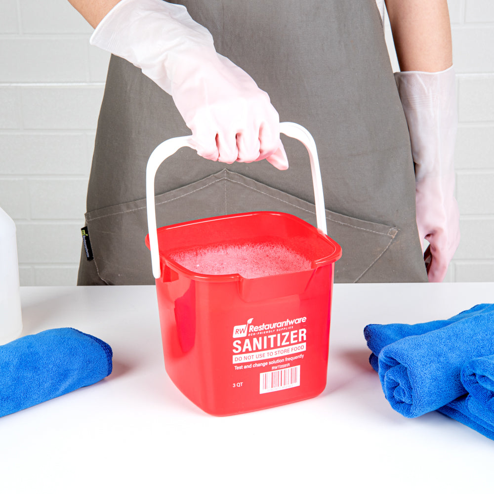 RW Clean 3 Qt Square Red Plastic Sanitizing Bucket - with Plastic Handle - 7" x 6 3/4" x 6" - 1 count box
