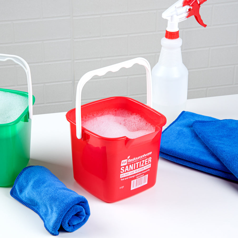 RW Clean 3 Qt Square Red Plastic Sanitizing Bucket - with Plastic Handle - 7" x 6 3/4" x 6" - 1 count box