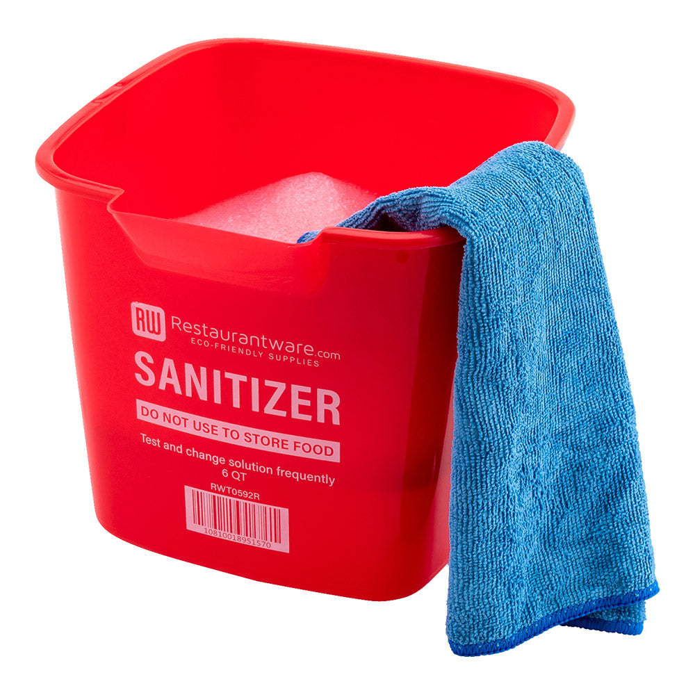 RW Clean 6 Qt Square Red Plastic Sanitizing Bucket - with Stainless Steel Handle - 8 1/2" x 8 1/2" x 7 1/4" - 1 count box