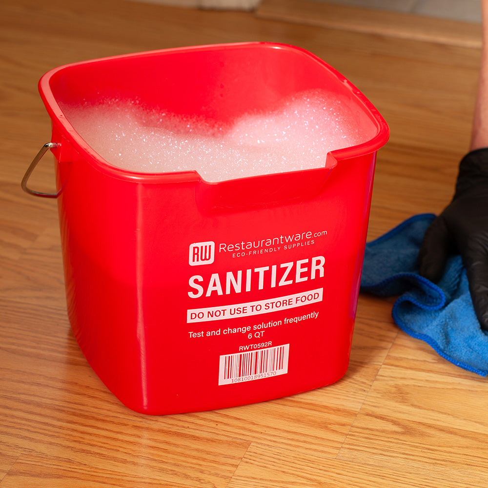 RW Clean 6 Qt Square Red Plastic Sanitizing Bucket - with Stainless Steel Handle - 8 1/2" x 8 1/2" x 7 1/4" - 1 count box