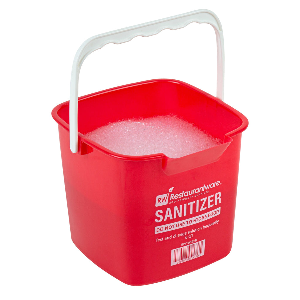 RW Clean 6 Qt Square Red Plastic Sanitizing Bucket - with Stainless Steel Handle - 8 1/2" x 8 1/2" x 7 1/4" - 1 count box