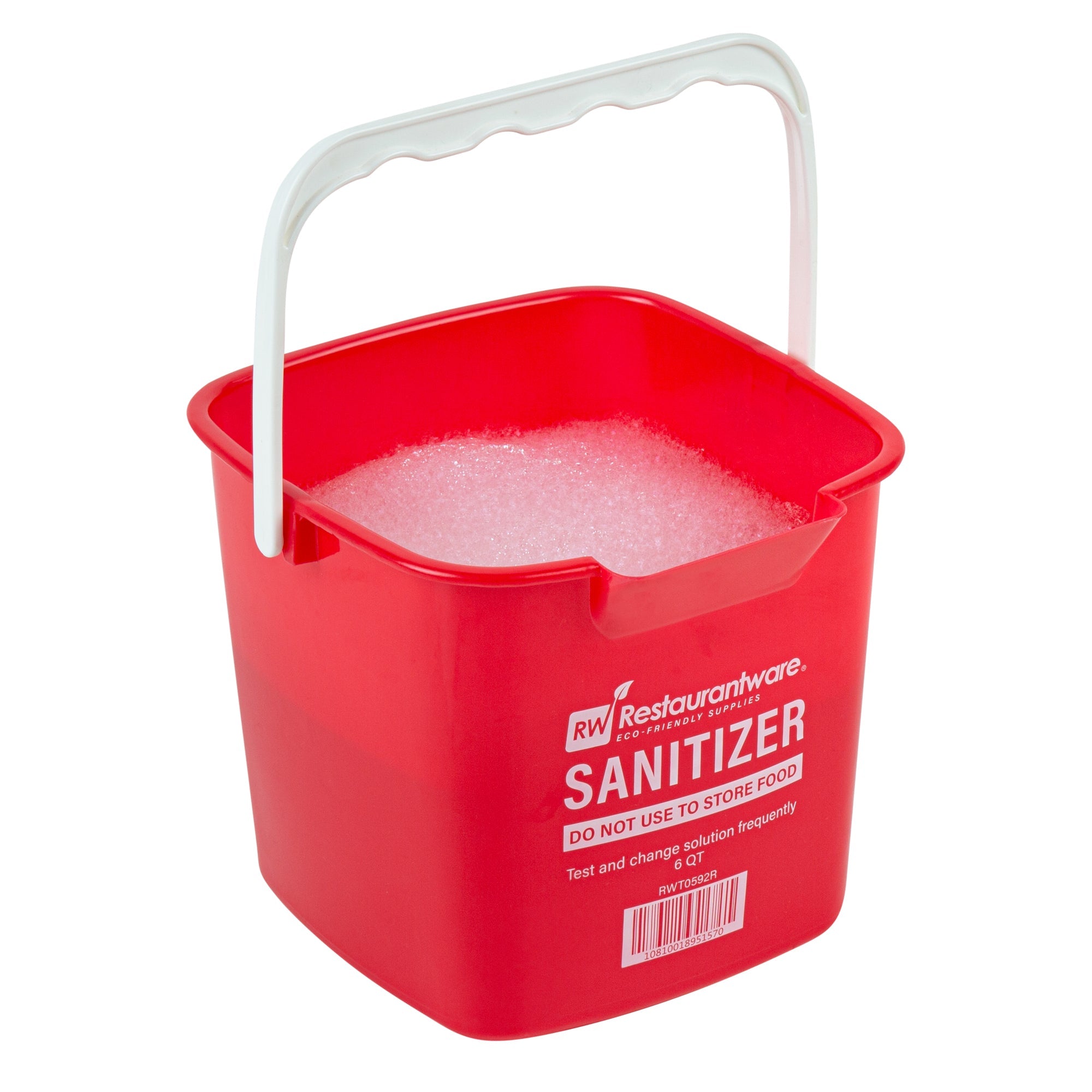 RW Clean 6 Qt Square Red Plastic Sanitizing Bucket - with Stainless Steel Handle - 8 1/2" x 8 1/2" x 7 1/4" - 1 count box