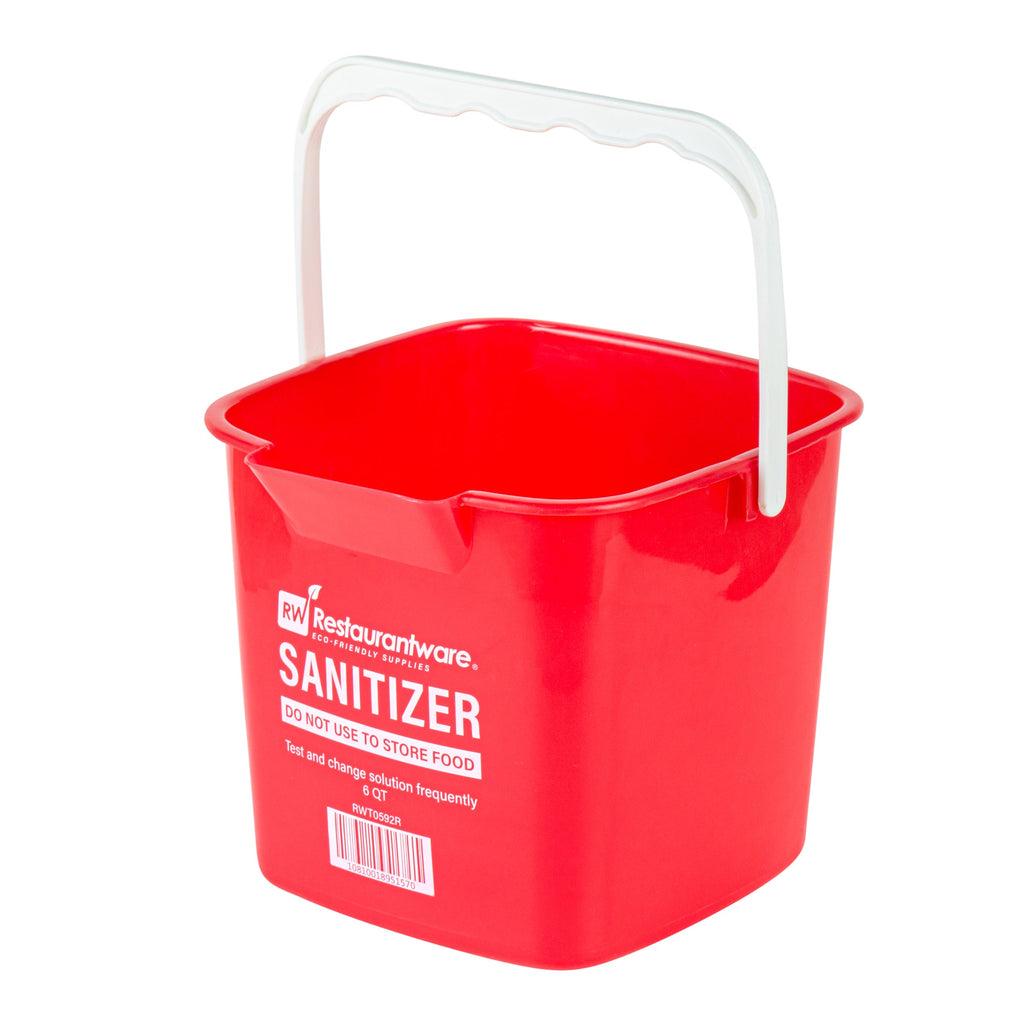 RW Clean 6 Qt Square Red Plastic Sanitizing Bucket - with Stainless Steel Handle - 8 1/2" x 8 1/2" x 7 1/4" - 1 count box