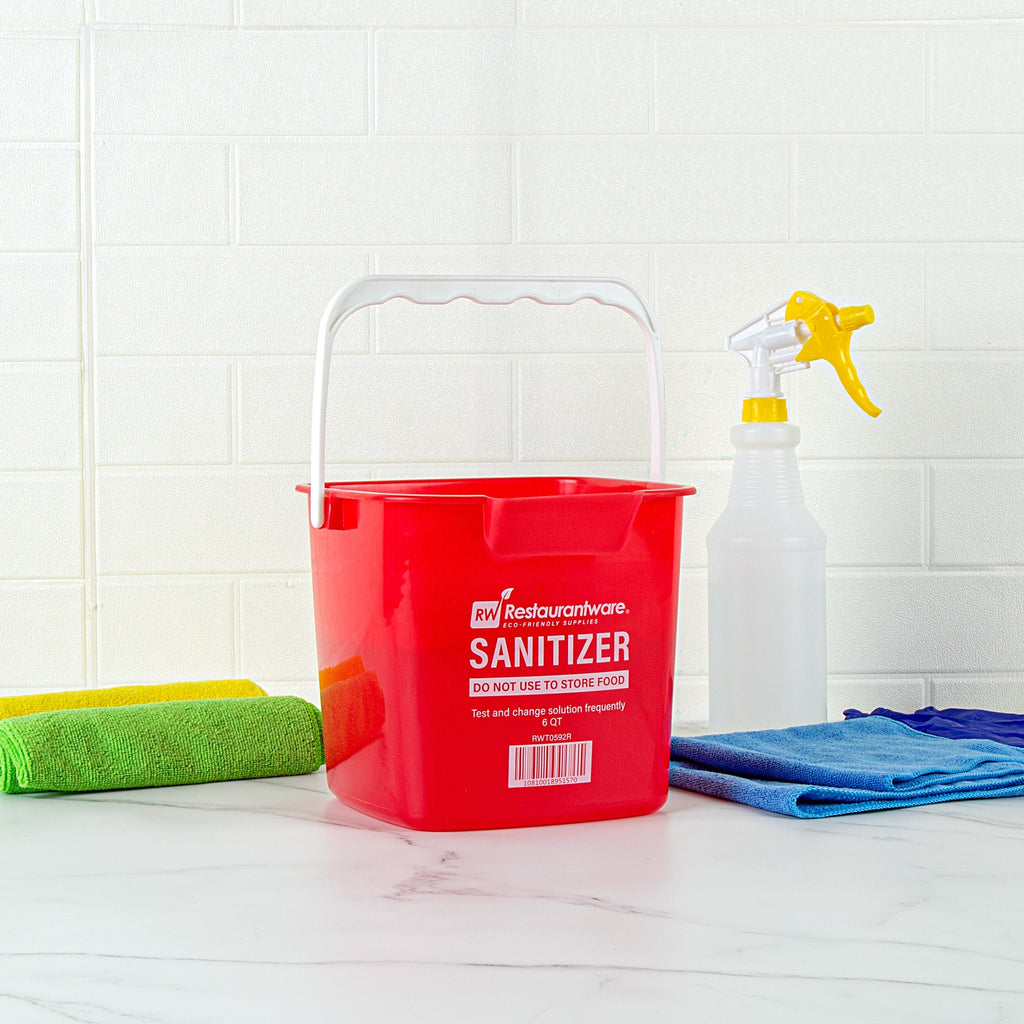 RW Clean 6 Qt Square Red Plastic Sanitizing Bucket - with Stainless Steel Handle - 8 1/2" x 8 1/2" x 7 1/4" - 1 count box