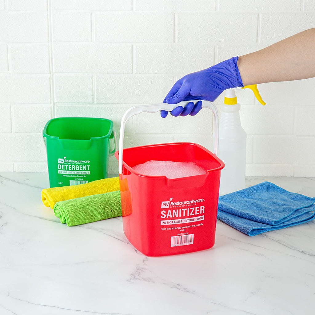 RW Clean 6 Qt Square Red Plastic Sanitizing Bucket - with Stainless Steel Handle - 8 1/2" x 8 1/2" x 7 1/4" - 1 count box