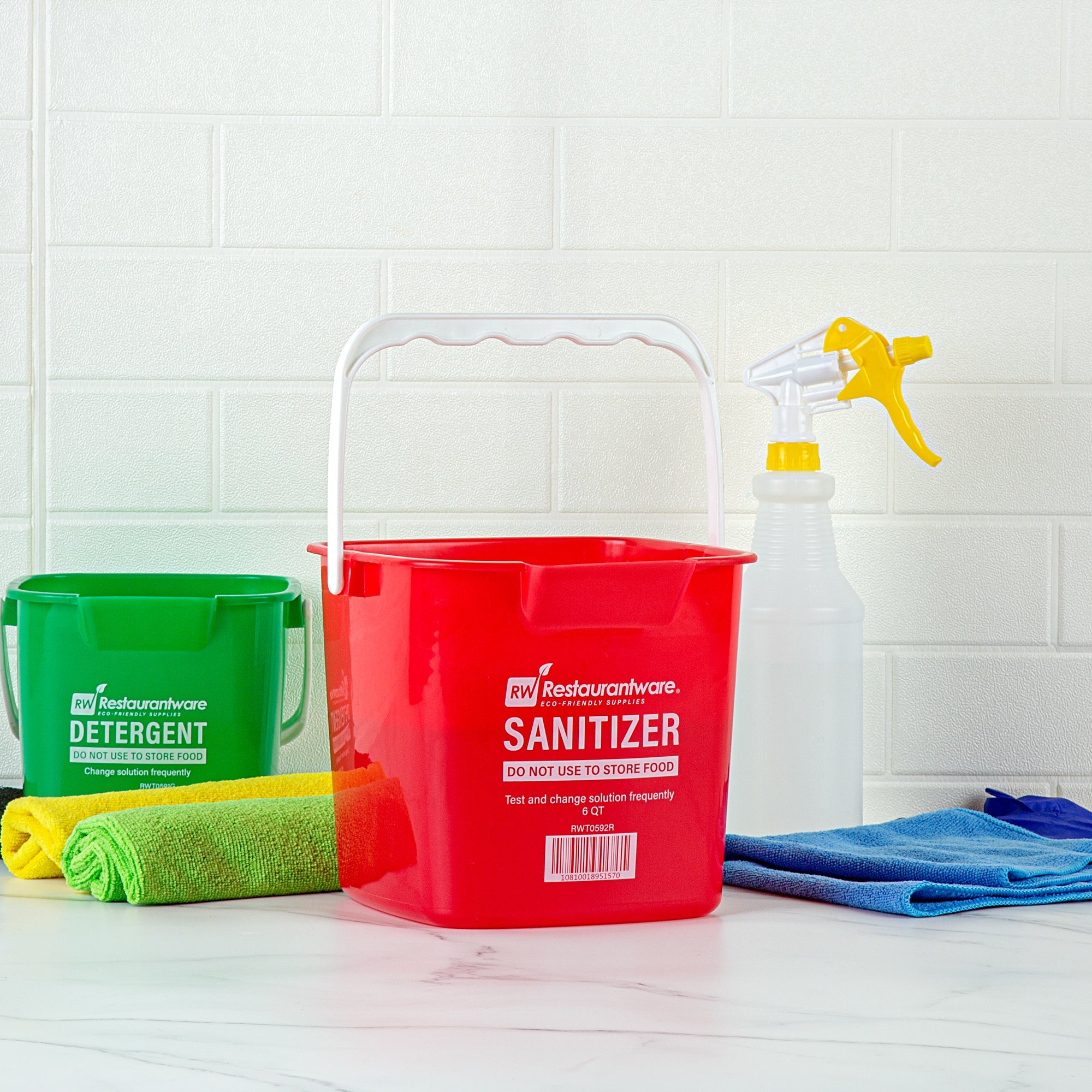 RW Clean 6 Qt Square Red Plastic Sanitizing Bucket - with Stainless Steel Handle - 8 1/2" x 8 1/2" x 7 1/4" - 1 count box