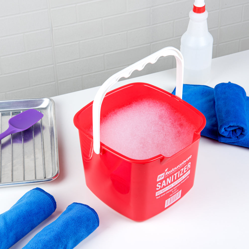 RW Clean 8 Qt Square Red Plastic Sanitizing Bucket - with Plastic Handle - 9 3/4" x 9 3/4" x 7 1/2" - 1 count box