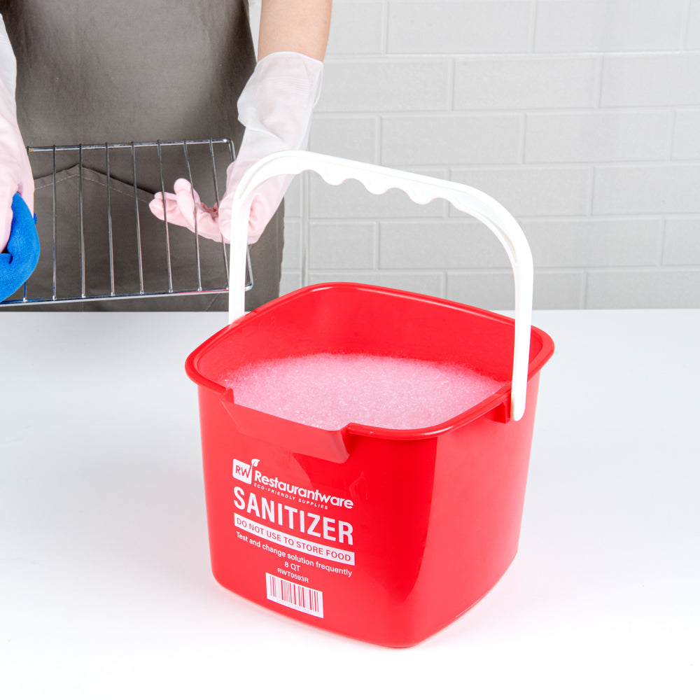 RW Clean 8 Qt Square Red Plastic Sanitizing Bucket - with Plastic Handle - 9 3/4" x 9 3/4" x 7 1/2" - 1 count box