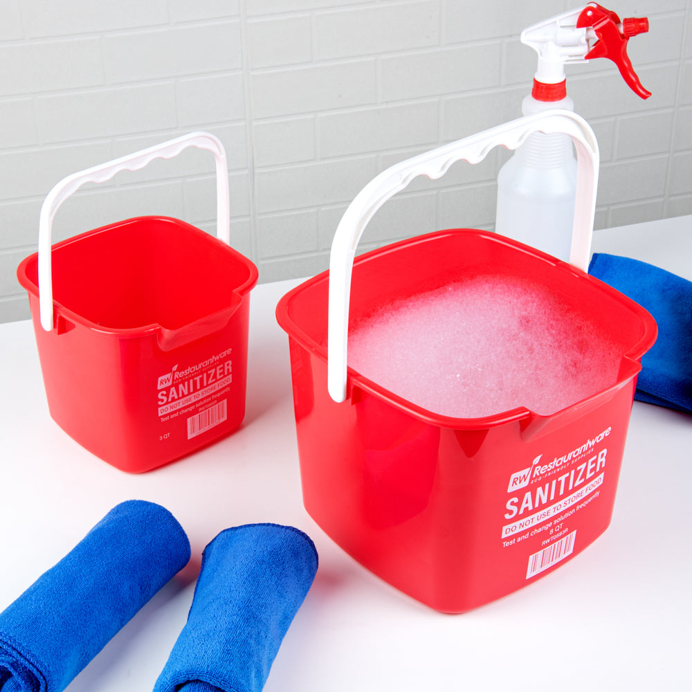 RW Clean 8 Qt Square Red Plastic Sanitizing Bucket - with Plastic Handle - 9 3/4" x 9 3/4" x 7 1/2" - 1 count box