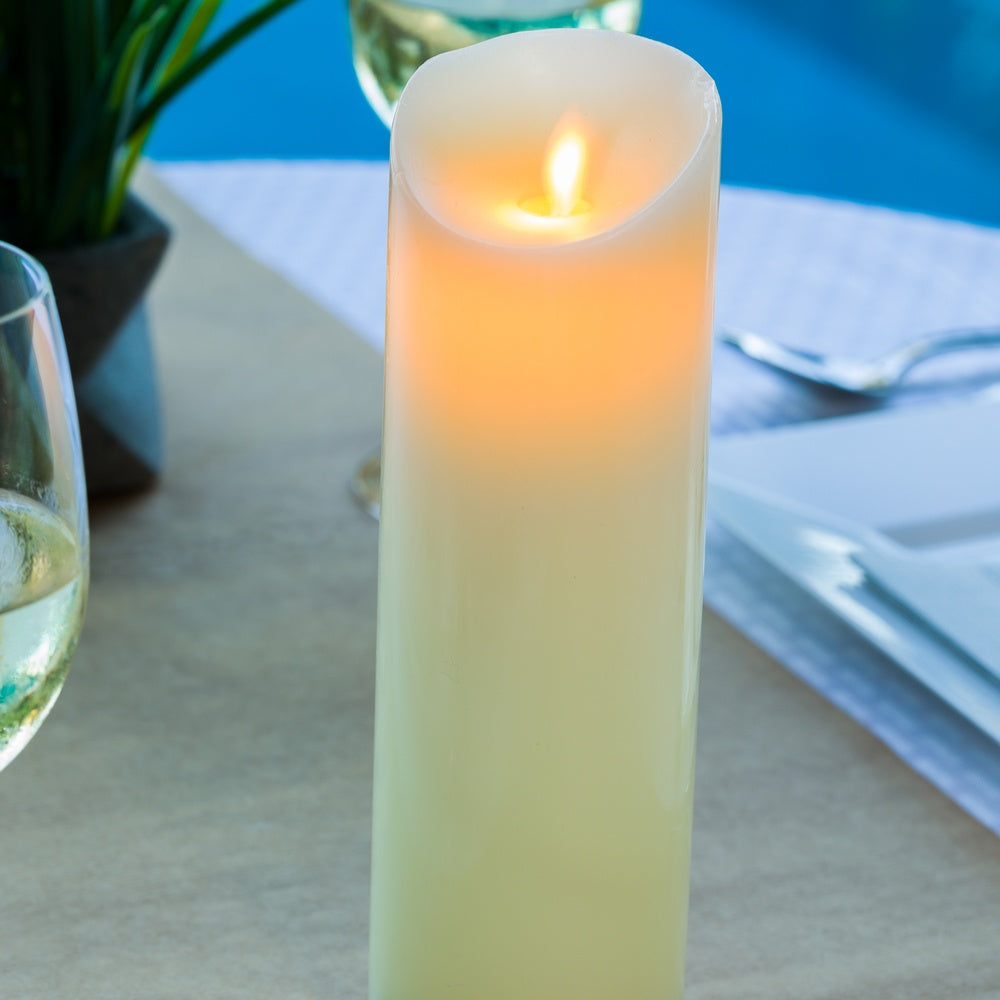 Fire Tek Ivory Plastic Flameless Pillar Candle - Real Wax, Programmable - 3" x 3" x 8 3/4" - 10 count box