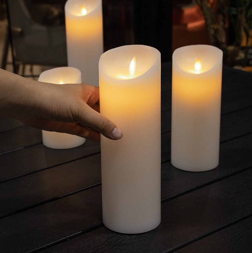Fire Tek White Plastic Flameless Pillar Candle - Real Wax, Programmable - 3" x 3" x 8 3/4" - 1 count box