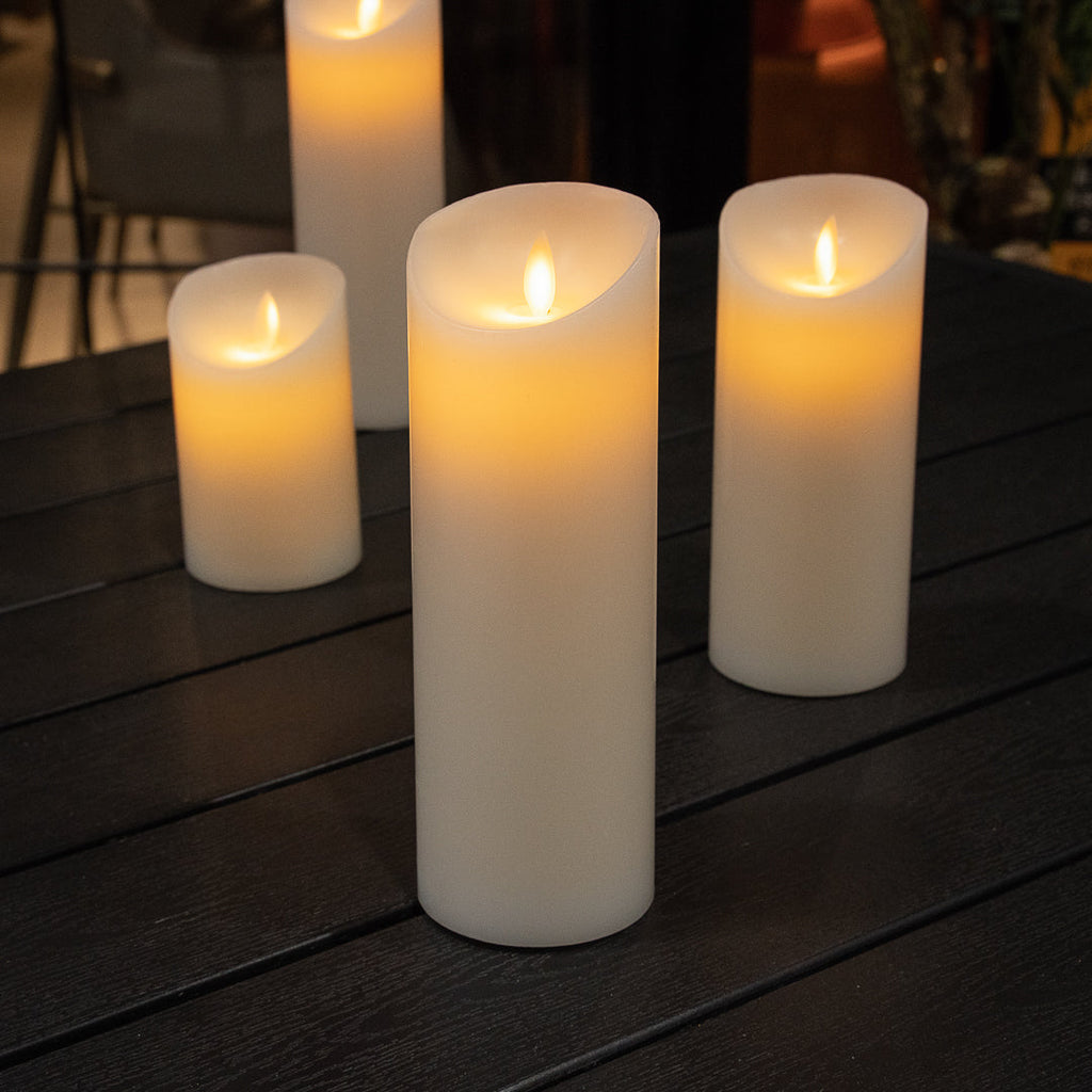 Fire Tek White Plastic Flameless Pillar Candle - Real Wax, Programmable - 3" x 3" x 8 3/4" - 10 count box
