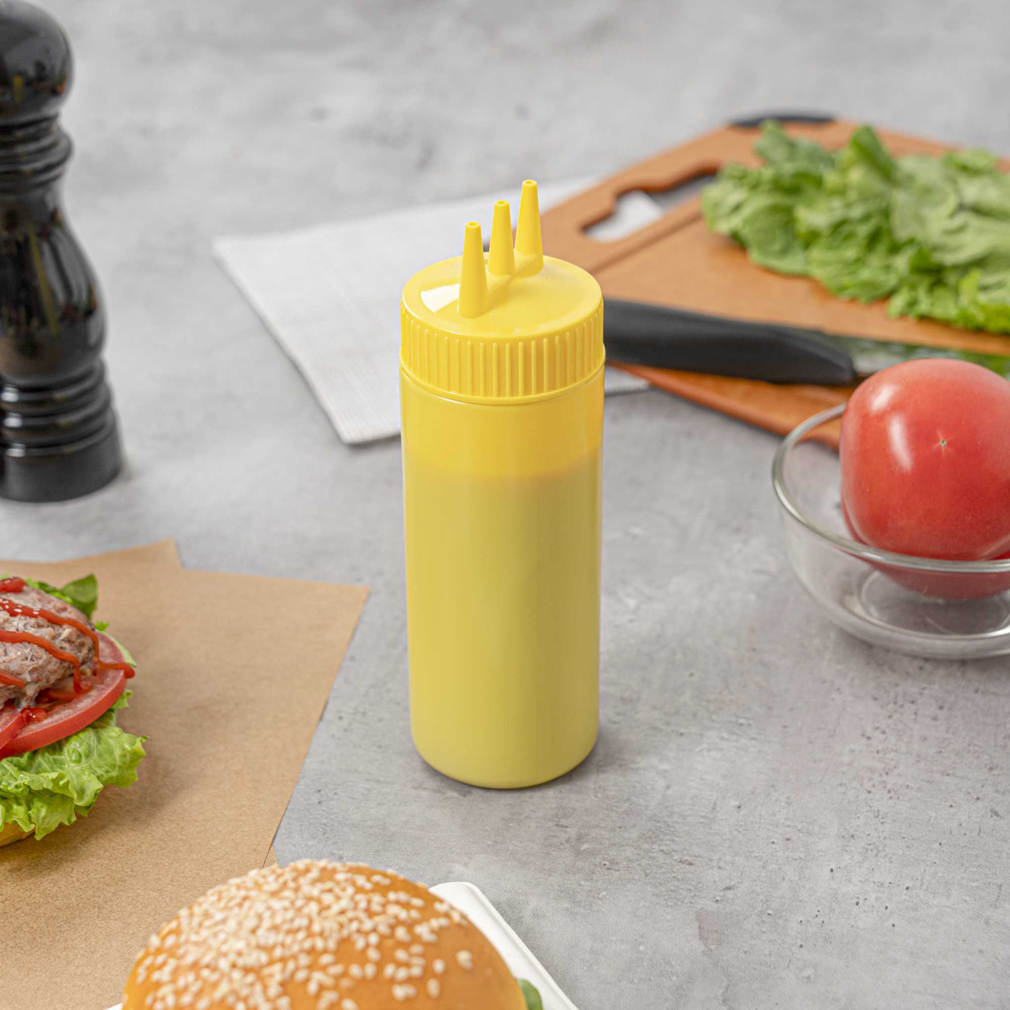 Sauce Tek 12 oz Yellow Plastic Mustard Squeeze Bottle - with Triple Dispersion Tip - 6 count box