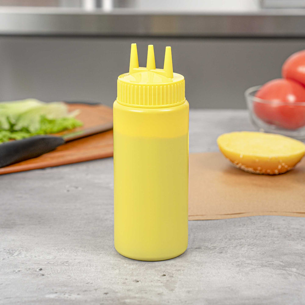 Sauce Tek 16 oz Yellow Plastic Mustard Squeeze Bottle - with Triple Dispersion Tip - 6 count box