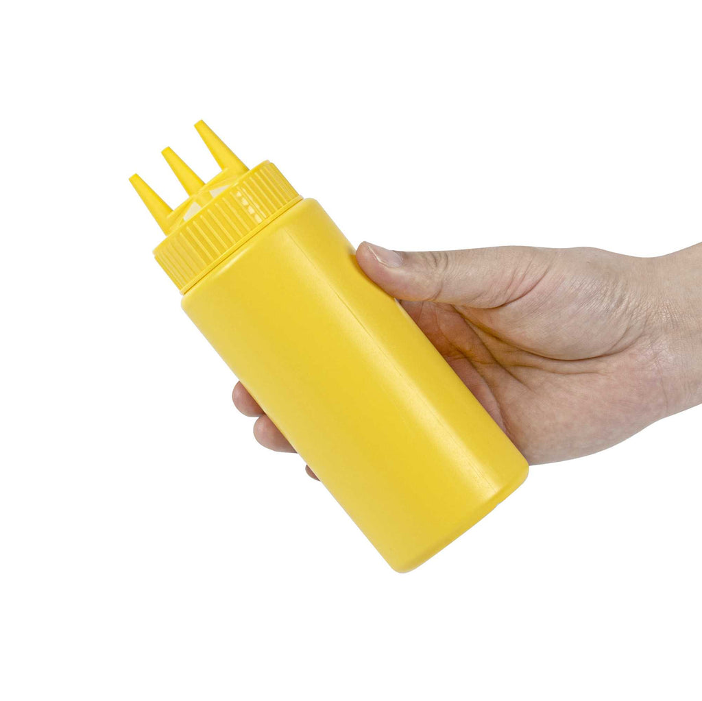 Sauce Tek 16 oz Yellow Plastic Mustard Squeeze Bottle - with Triple Dispersion Tip - 6 count box