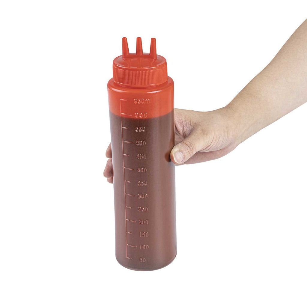 Sauce Tek 24 oz Red Plastic Ketchup Squeeze Bottle - with Triple Dispersion Tip - 6 count box