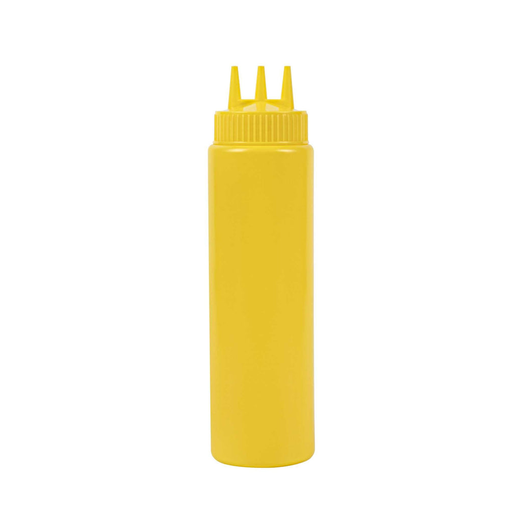 Sauce Tek 24 oz Yellow Plastic Mustard Squeeze Bottle - with Triple Dispersion Tip - 6 count box