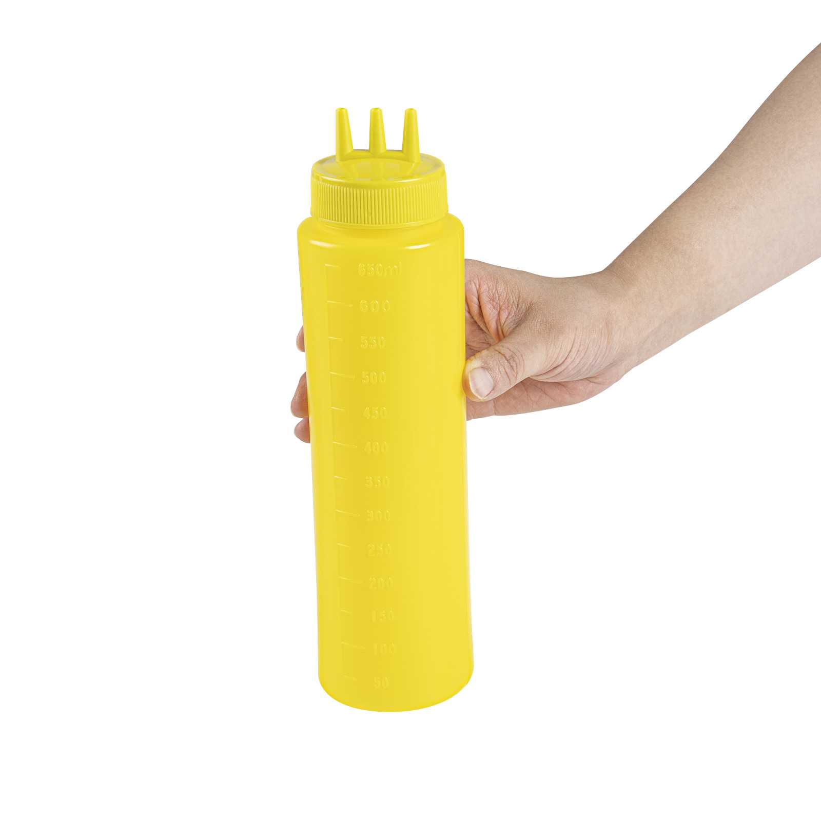 Sauce Tek 24 oz Yellow Plastic Mustard Squeeze Bottle - with Triple Dispersion Tip - 6 count box