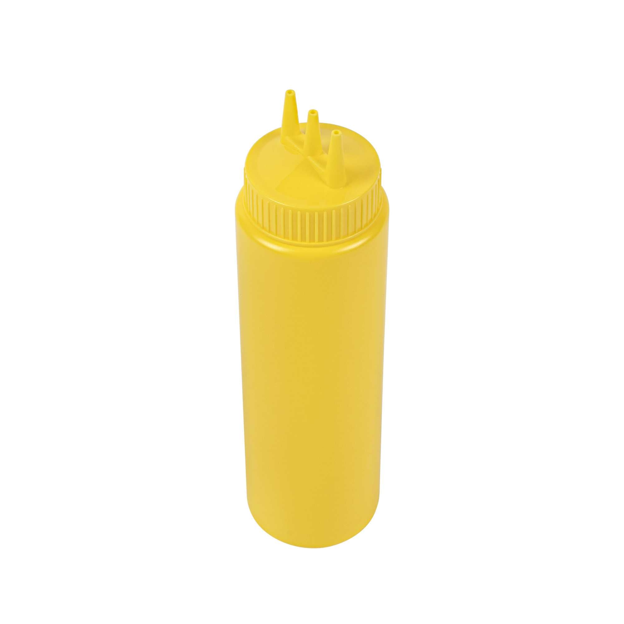 Sauce Tek 24 oz Yellow Plastic Mustard Squeeze Bottle - with Triple Dispersion Tip - 6 count box