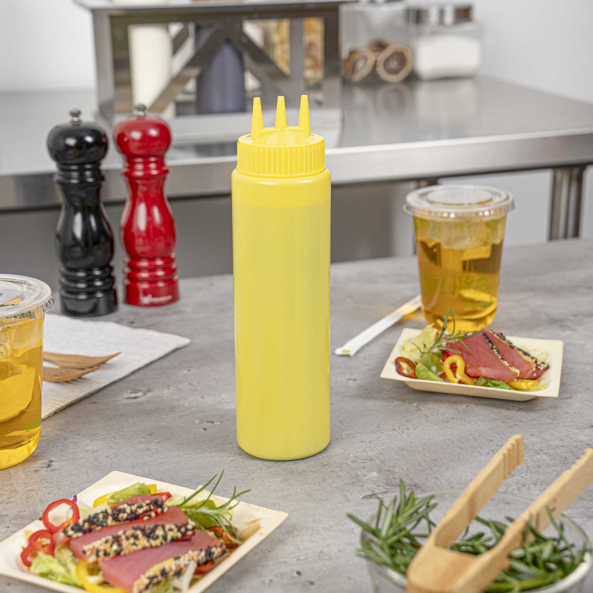 Sauce Tek 24 oz Yellow Plastic Mustard Squeeze Bottle - with Triple Dispersion Tip - 6 count box