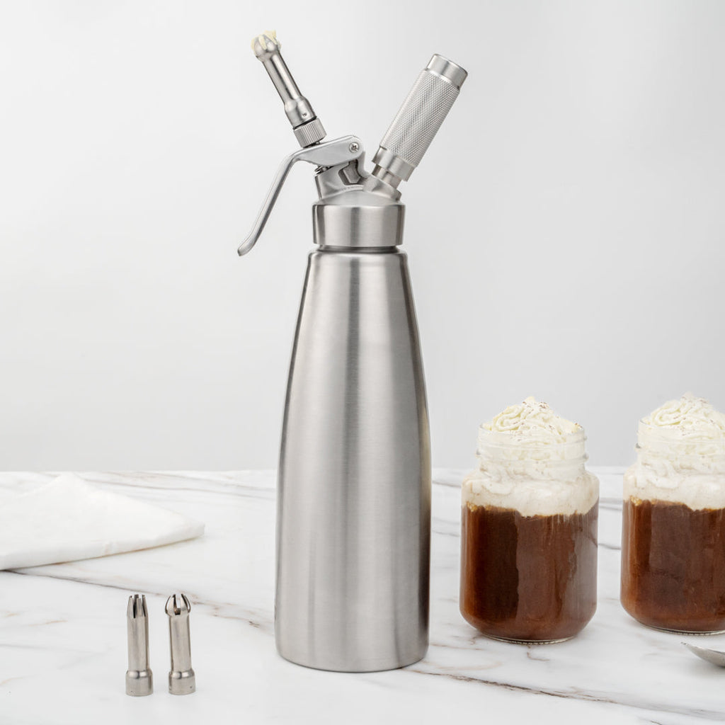 Whip Tek 1L Stainless Steel Professional Whipped Cream Dispenser - with 3 Decorator Tips - 1 count box