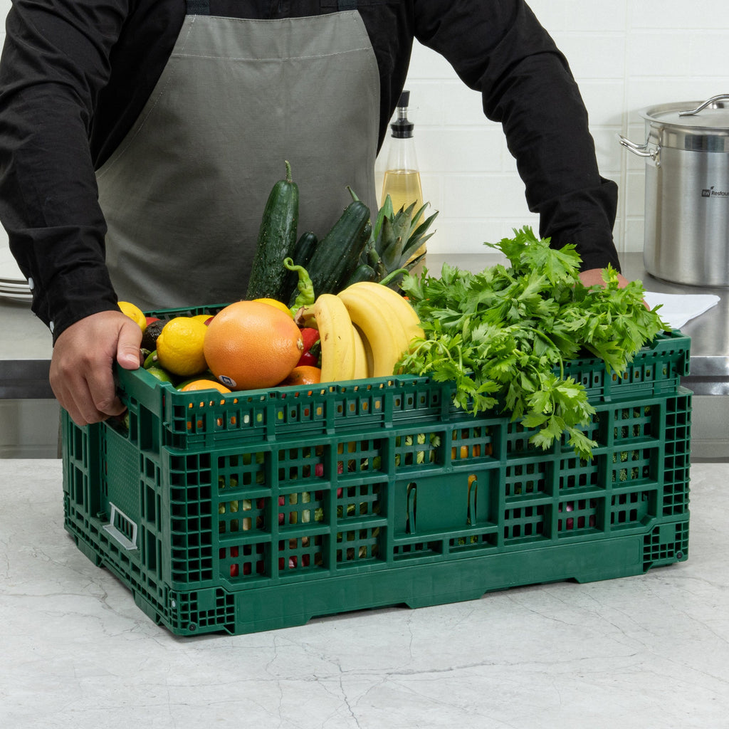 Cater Tek Rectangle Green Plastic 43L Collapsible Milk Crate - Stackable - 23 1/2" x 15 3/4" x 10 1/4" - 1 count box