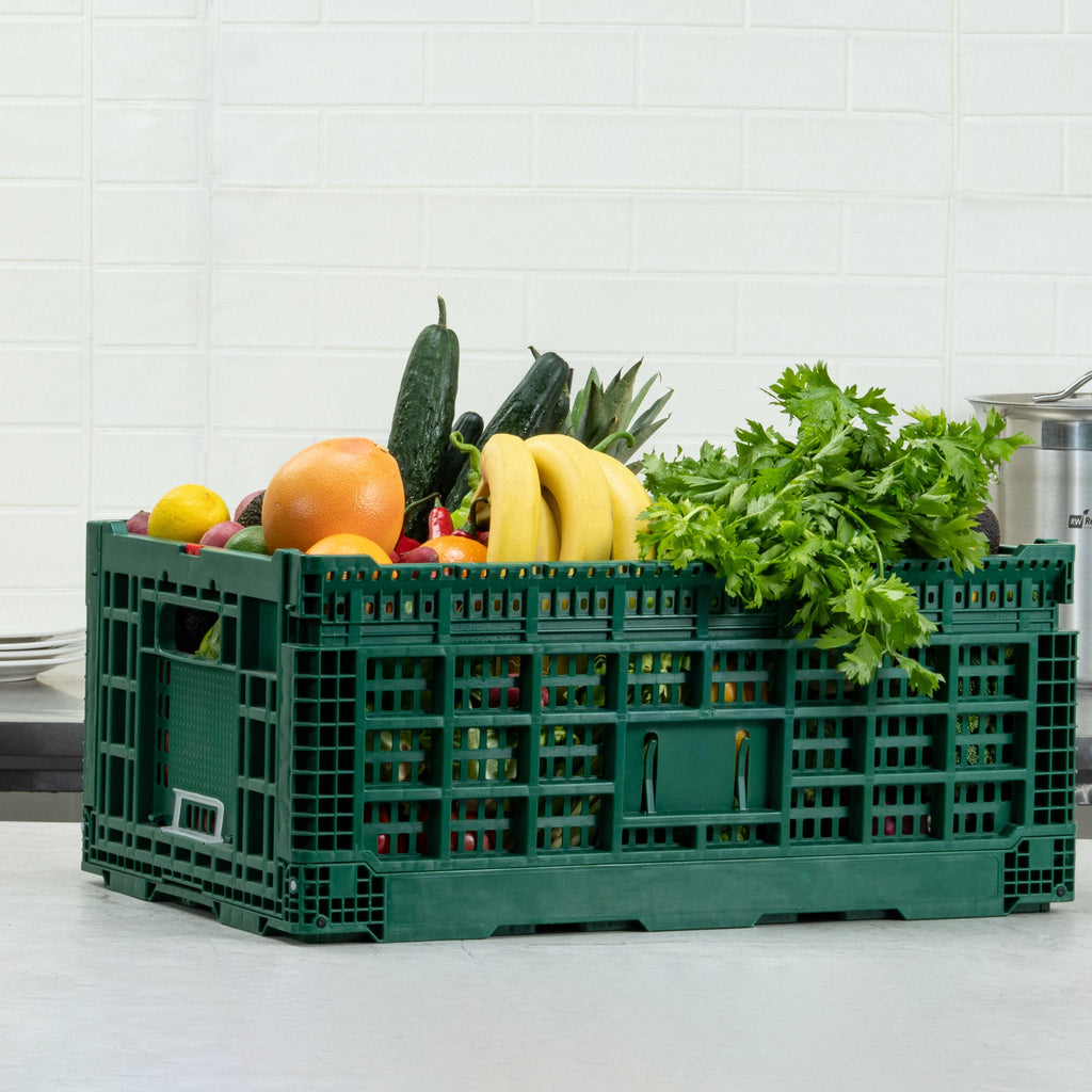 Cater Tek Rectangle Green Plastic 43L Collapsible Milk Crate - Stackable - 23 1/2" x 15 3/4" x 10 1/4" - 1 count box