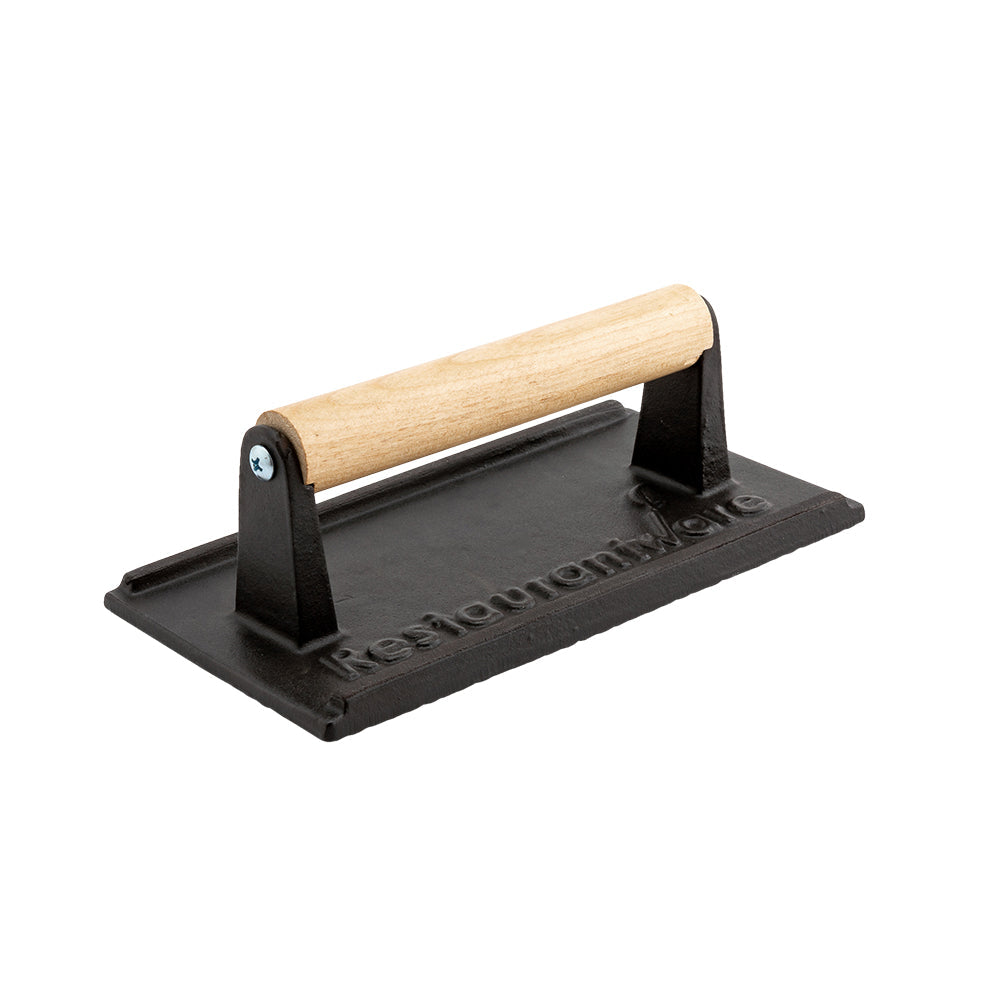 Met Lux Black Cast Iron Steak Weight - with Wooden Handle - 7 3/4" x 4" - 1 count box
