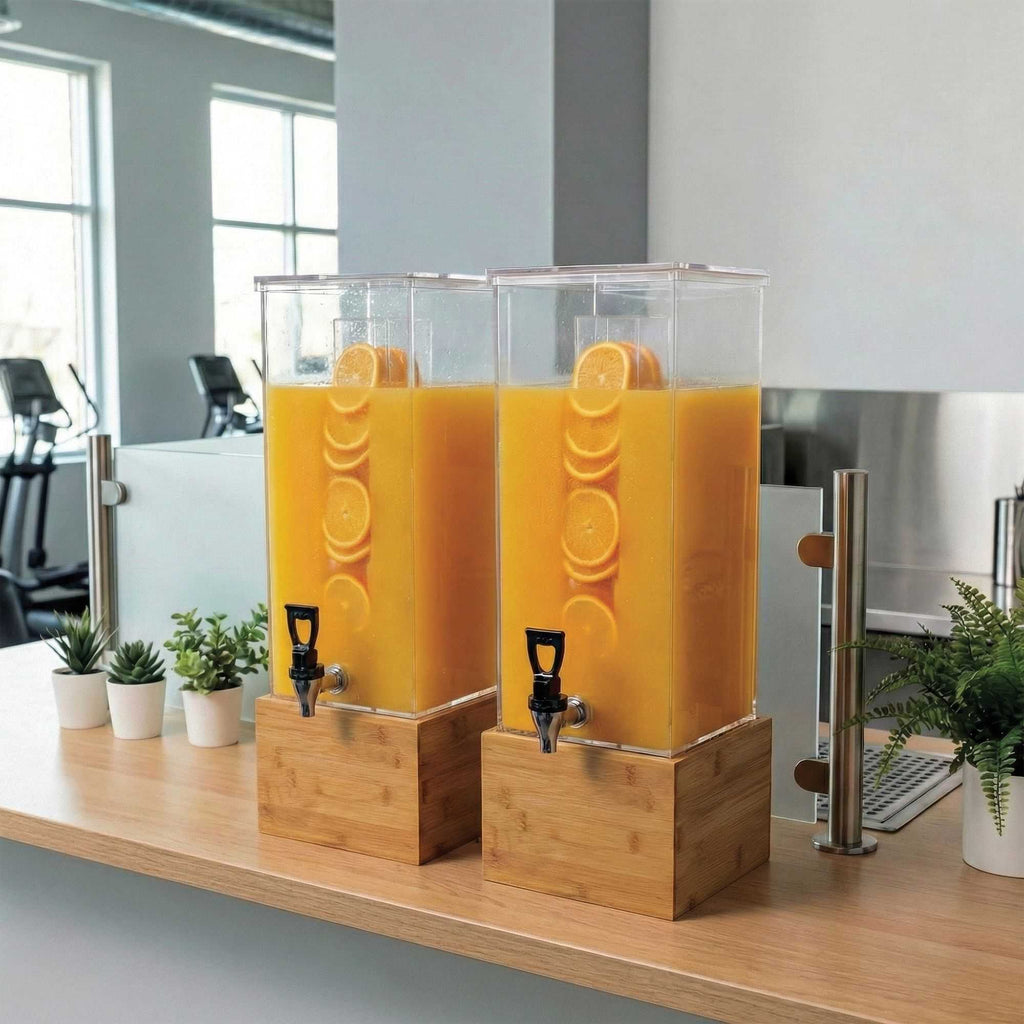 Bev Tek 2 gal Square Clear Acrylic Beverage Dispenser - Infusion Core, Bamboo Base - 8 1/4" x 8 1/4" x 23" - 1 count box