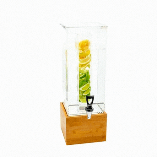 Bev Tek 2 gal Square Clear Acrylic Beverage Dispenser - Infusion Core, Bamboo Base - 8 1/4" x 8 1/4" x 23" - 1 count box
