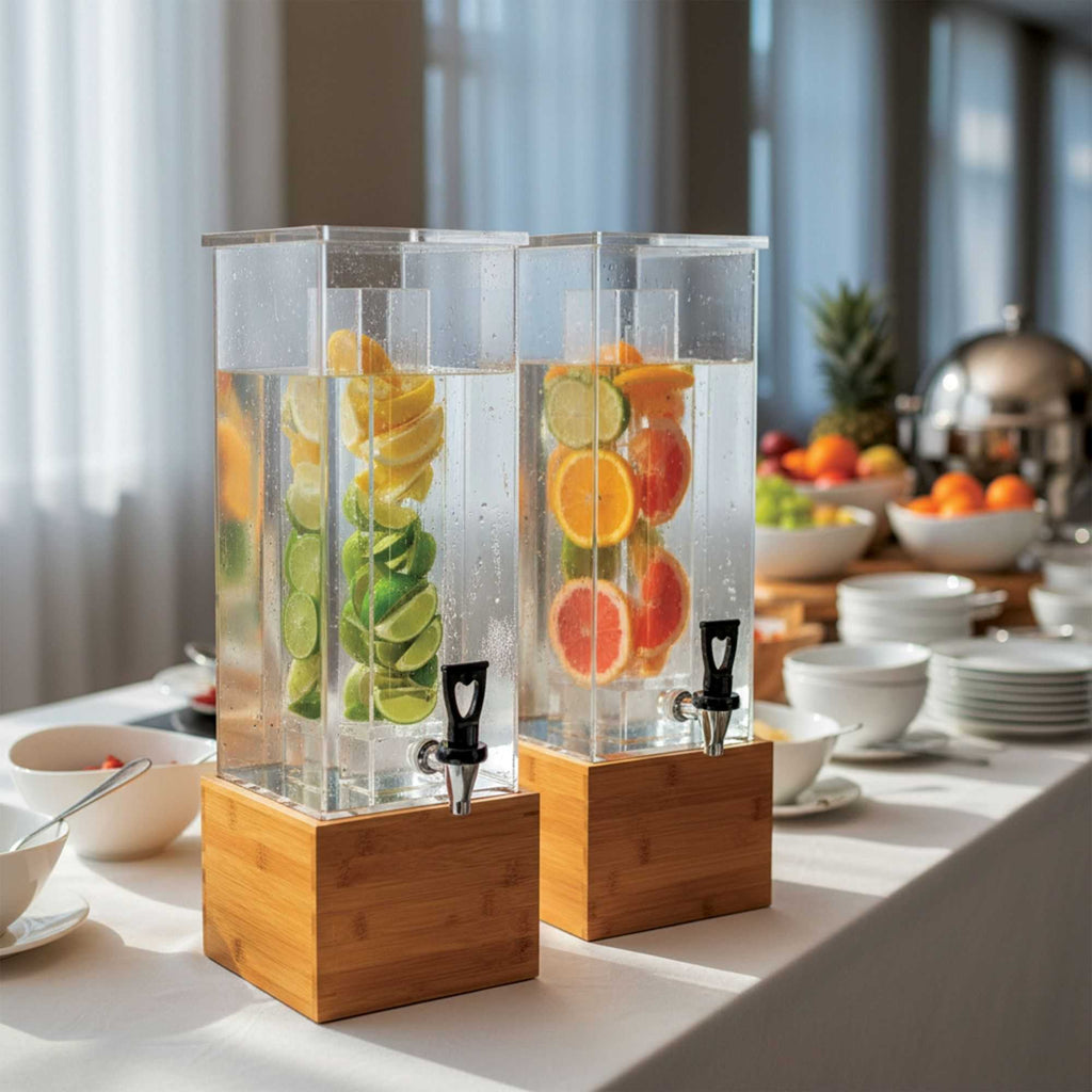 Bev Tek 2 gal Square Clear Acrylic Beverage Dispenser - Infusion Core, Bamboo Base - 8 1/4" x 8 1/4" x 23" - 1 count box