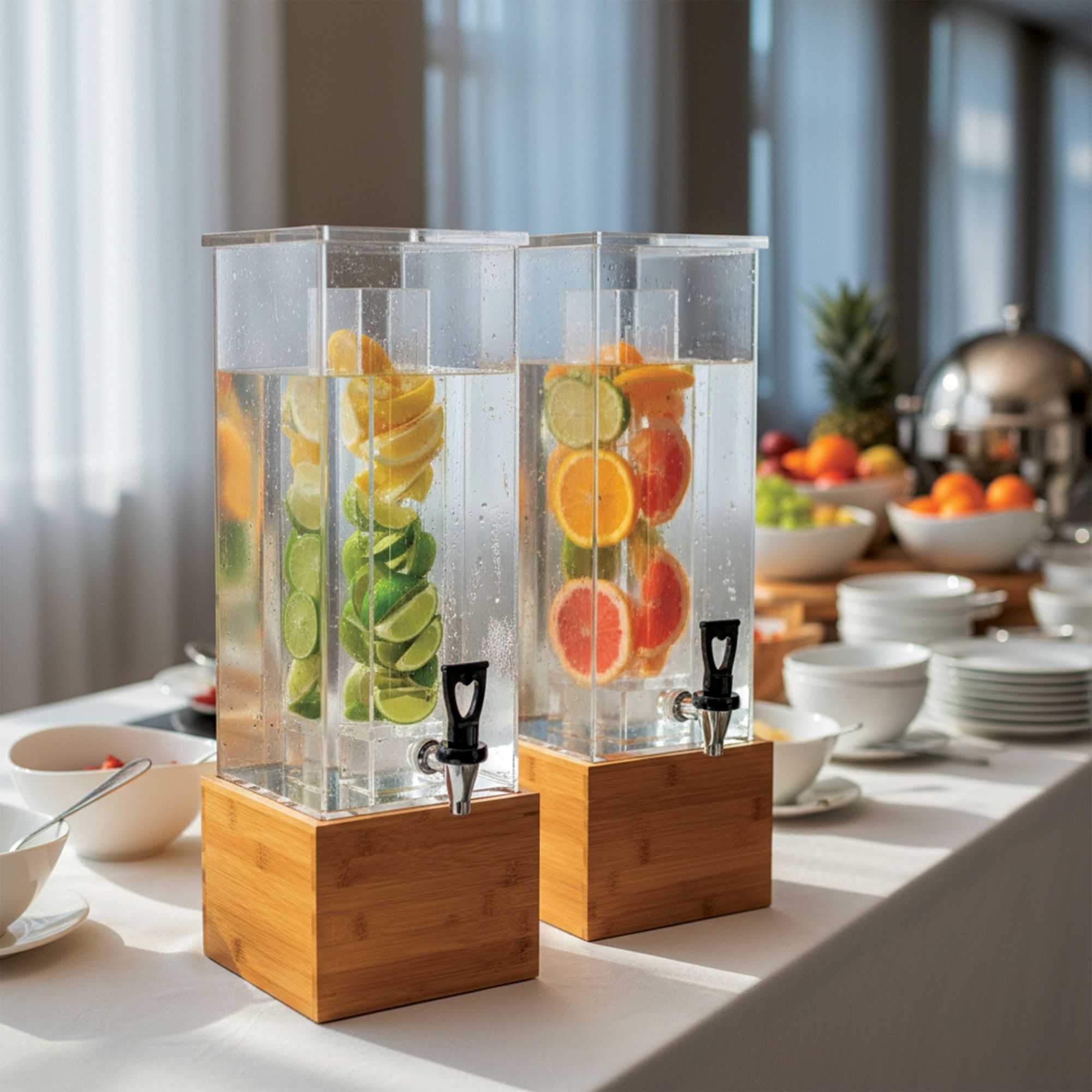 Bev Tek 2 gal Square Clear Acrylic Beverage Dispenser - Infusion Core, Bamboo Base - 8 1/4" x 8 1/4" x 23" - 1 count box