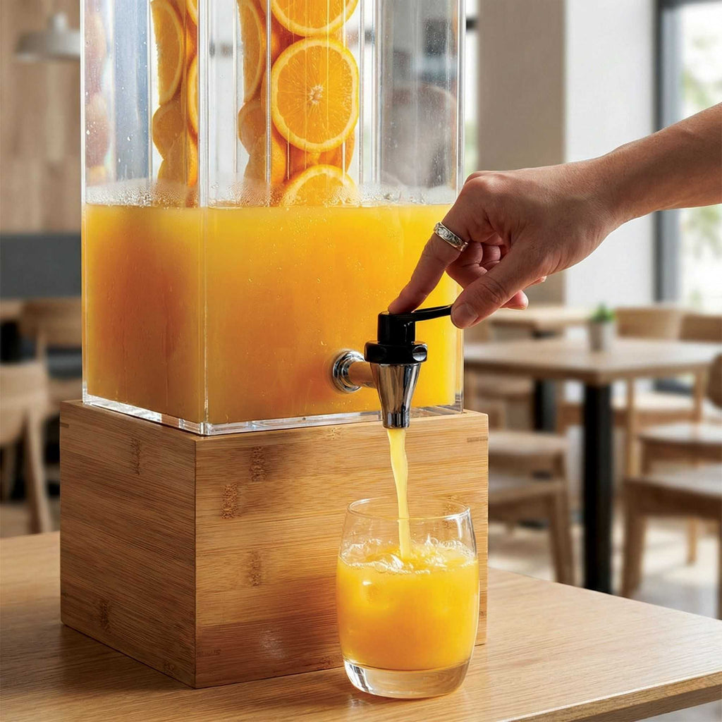 Bev Tek 2 gal Square Clear Acrylic Beverage Dispenser - Infusion Core, Bamboo Base - 8 1/4" x 8 1/4" x 23" - 1 count box