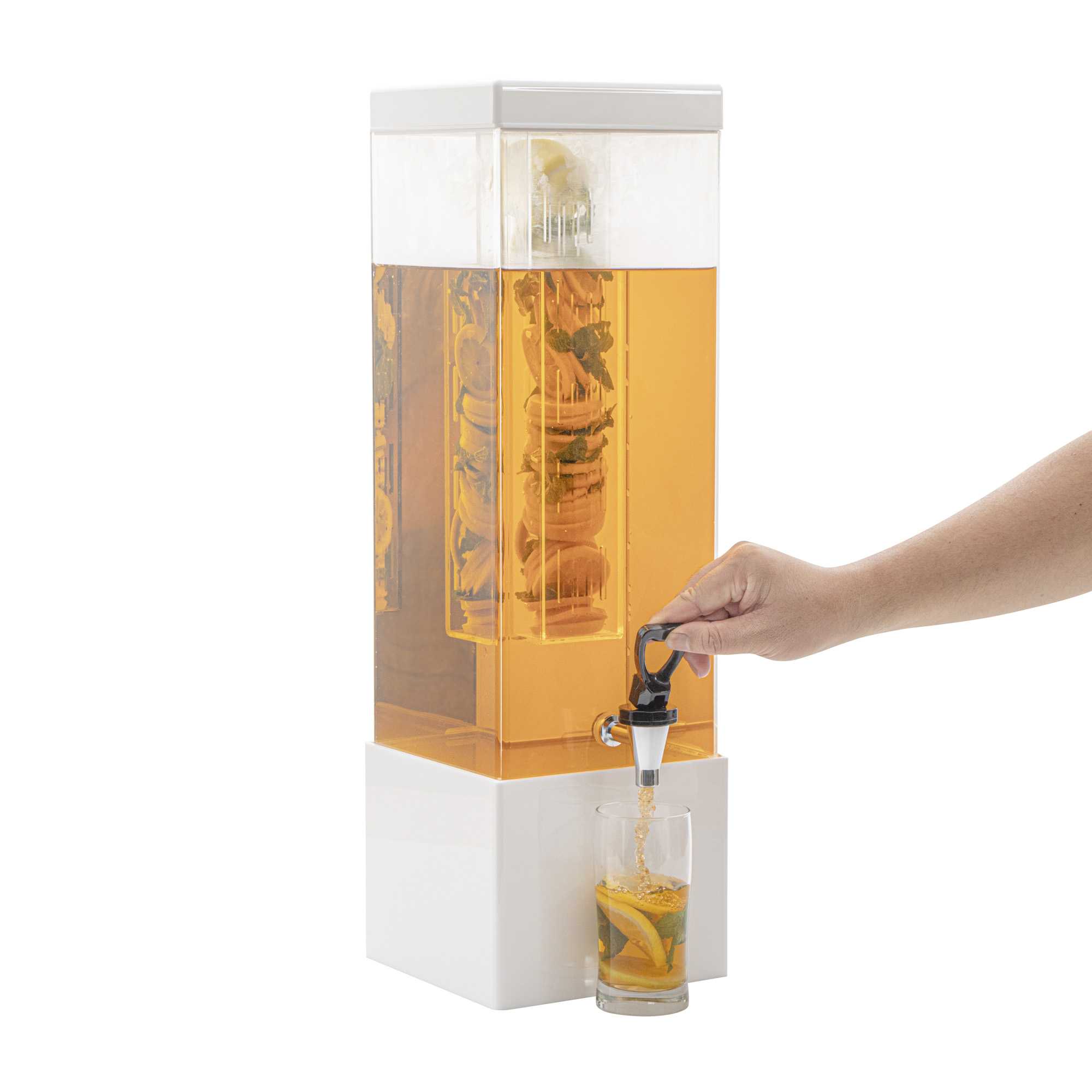 Bev Tek 3 gal Square Clear Acrylic Beverage Dispenser - Infusion Core, White Base - 7 3/4" x 7 3/4" x 25 3/4" - 1 count box