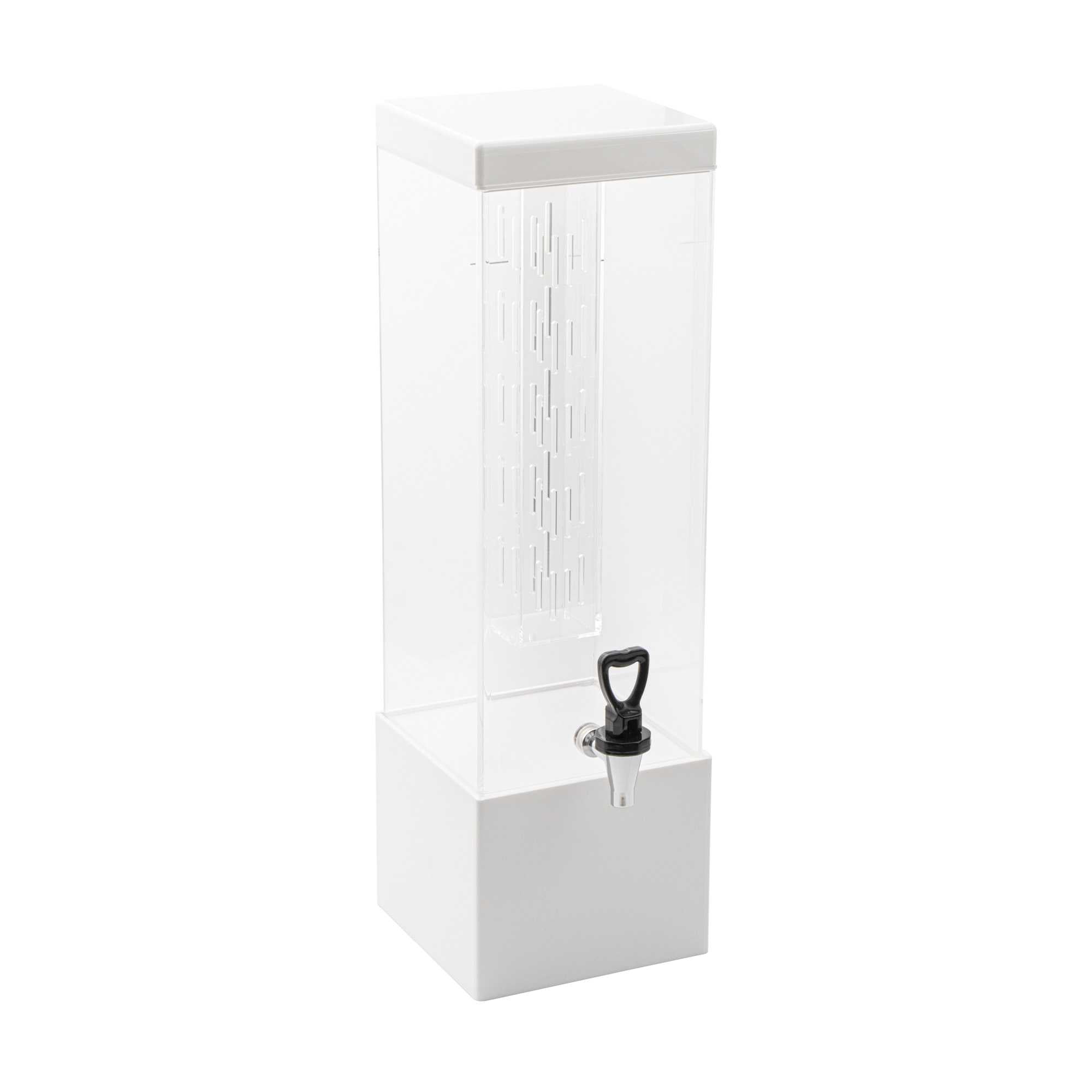 Bev Tek 3 gal Square Clear Acrylic Beverage Dispenser - Infusion Core, White Base - 7 3/4" x 7 3/4" x 25 3/4" - 1 count box