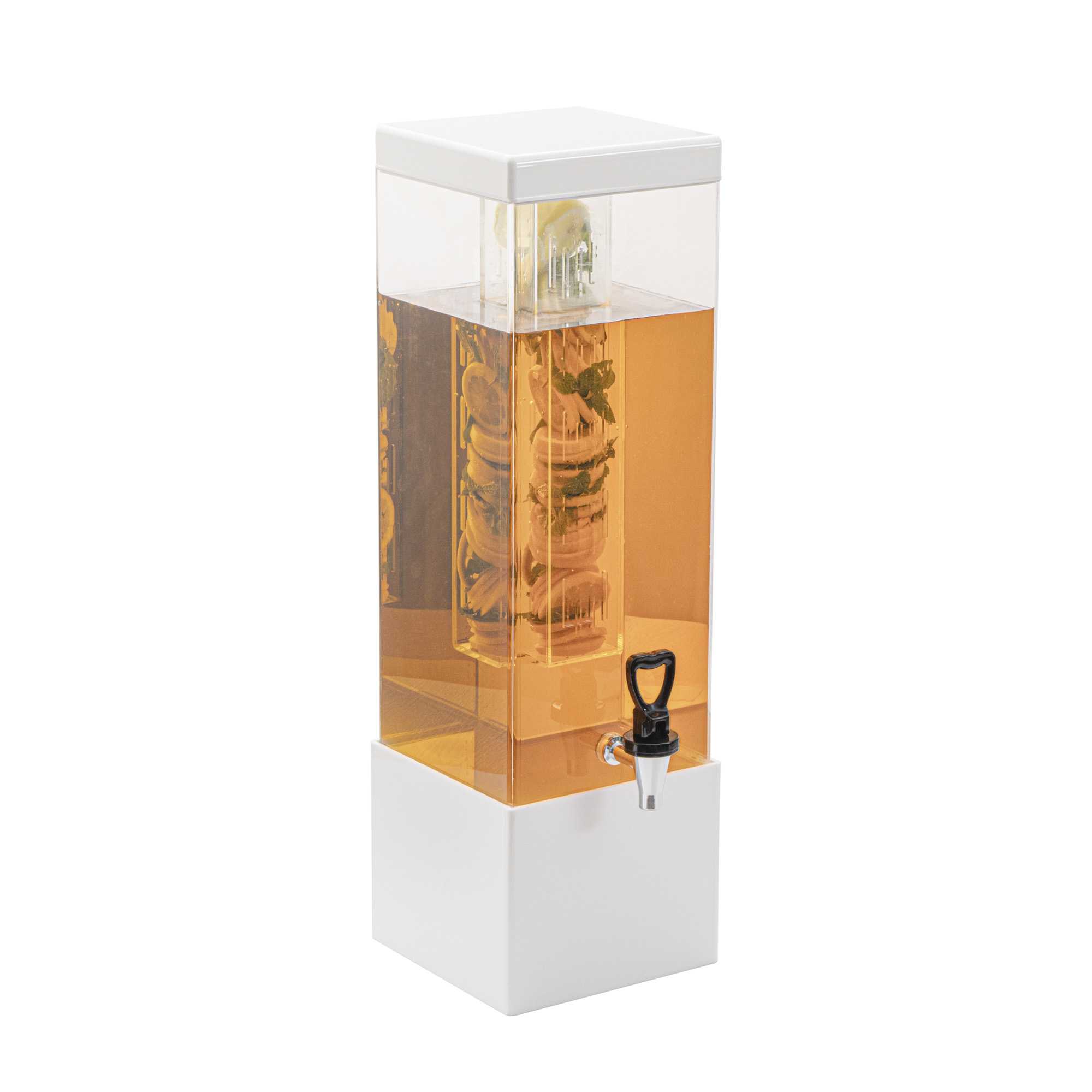 Bev Tek 3 gal Square Clear Acrylic Beverage Dispenser - Infusion Core, White Base - 7 3/4" x 7 3/4" x 25 3/4" - 1 count box