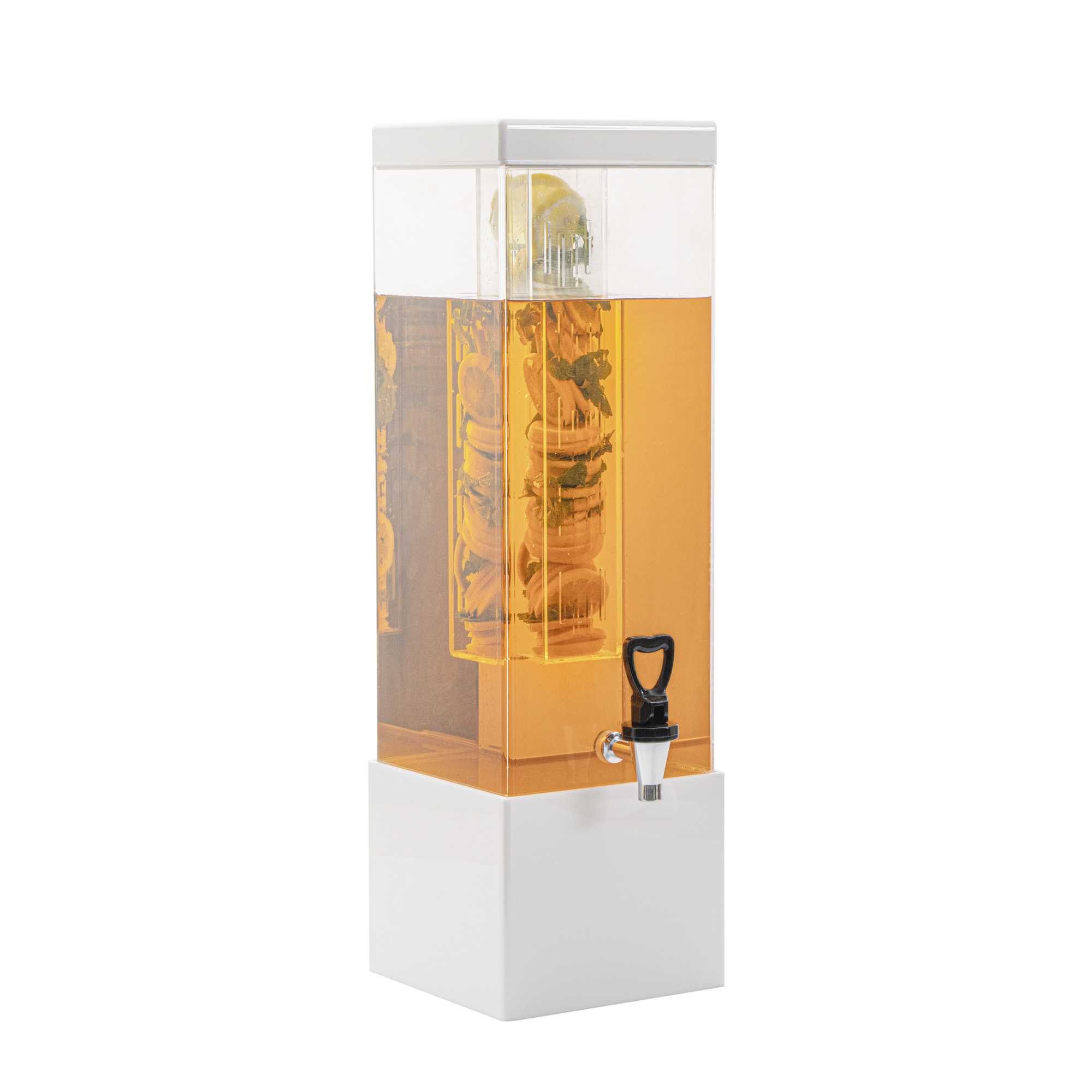 Bev Tek 3 gal Square Clear Acrylic Beverage Dispenser - Infusion Core, White Base - 7 3/4" x 7 3/4" x 25 3/4" - 1 count box