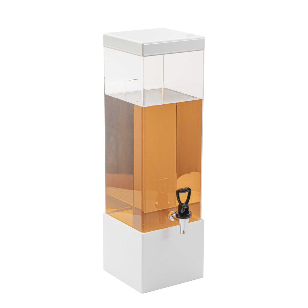 Bev Tek 3 gal Square Clear Acrylic Beverage Dispenser - Infusion Core, White Base - 7 3/4" x 7 3/4" x 25 3/4" - 1 count box